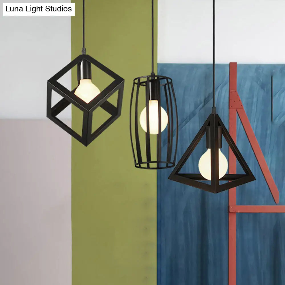 3-Head Pendant Lighting In Black Metal With Retro Stylish Cage Shades For Kitchen Round/Linear