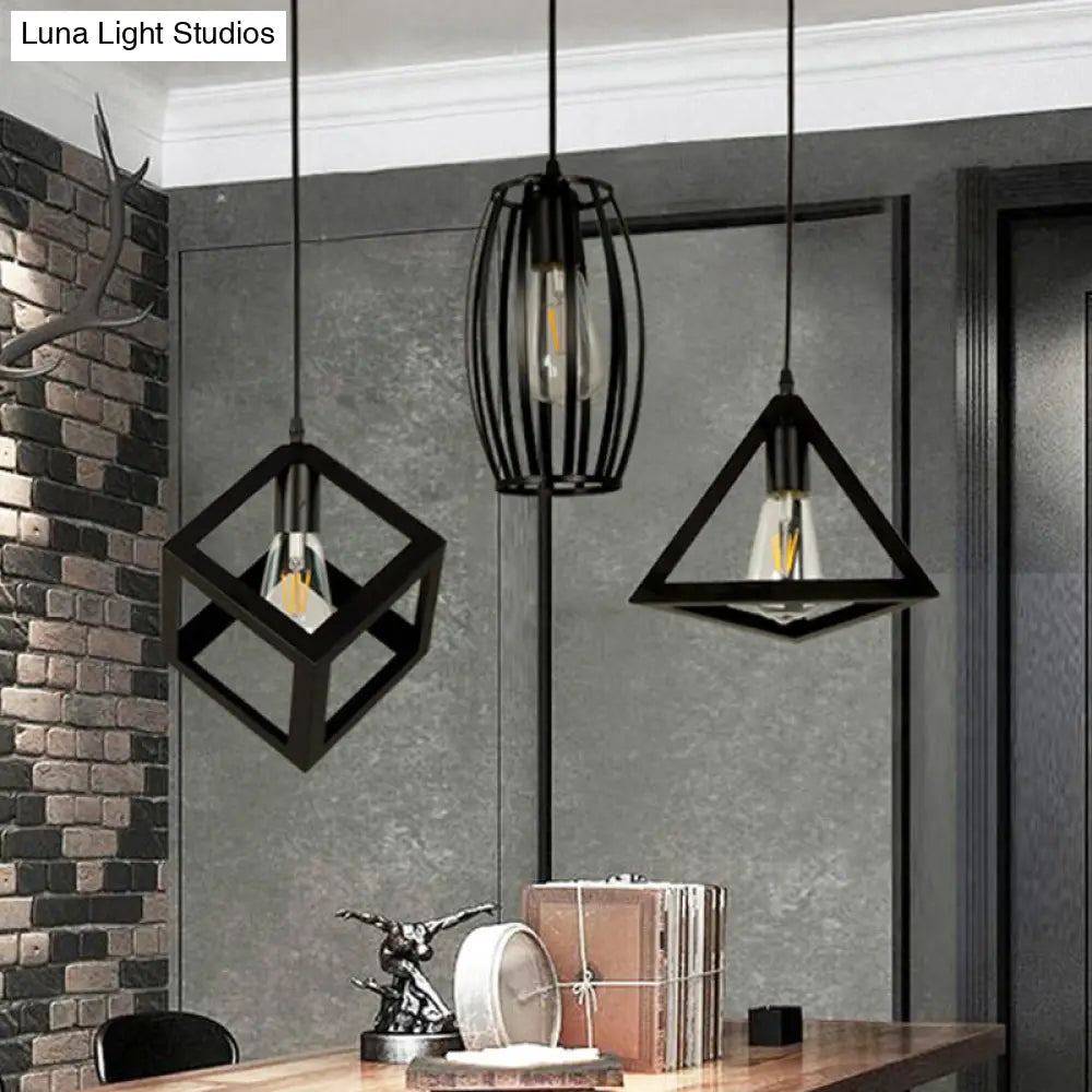 3-Light Pendant Lighting With Retro Metal Cage Shades - Stylish Kitchen Hanging Lamp In Black