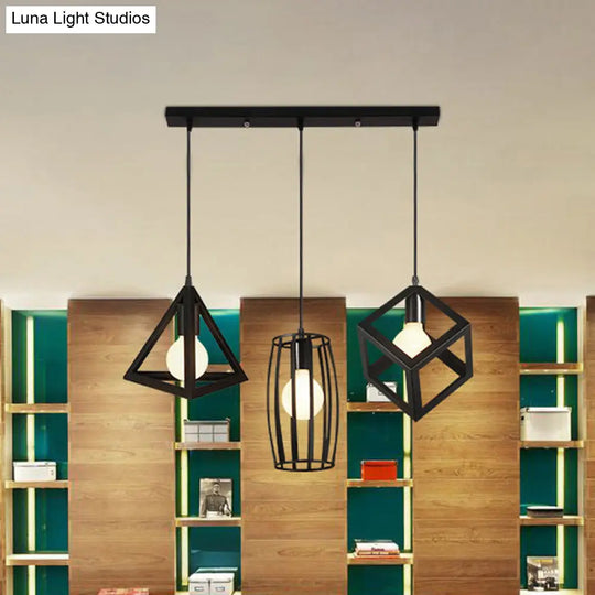 3-Head Pendant Lighting In Black Metal With Retro Stylish Cage Shades For Kitchen Round/Linear