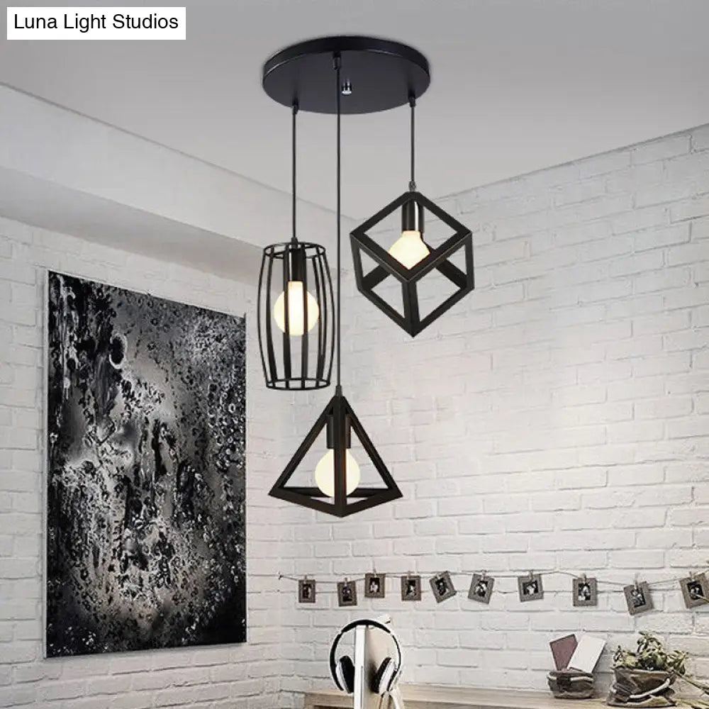 3-Light Pendant Lighting With Retro Metal Cage Shades - Stylish Kitchen Hanging Lamp In Black