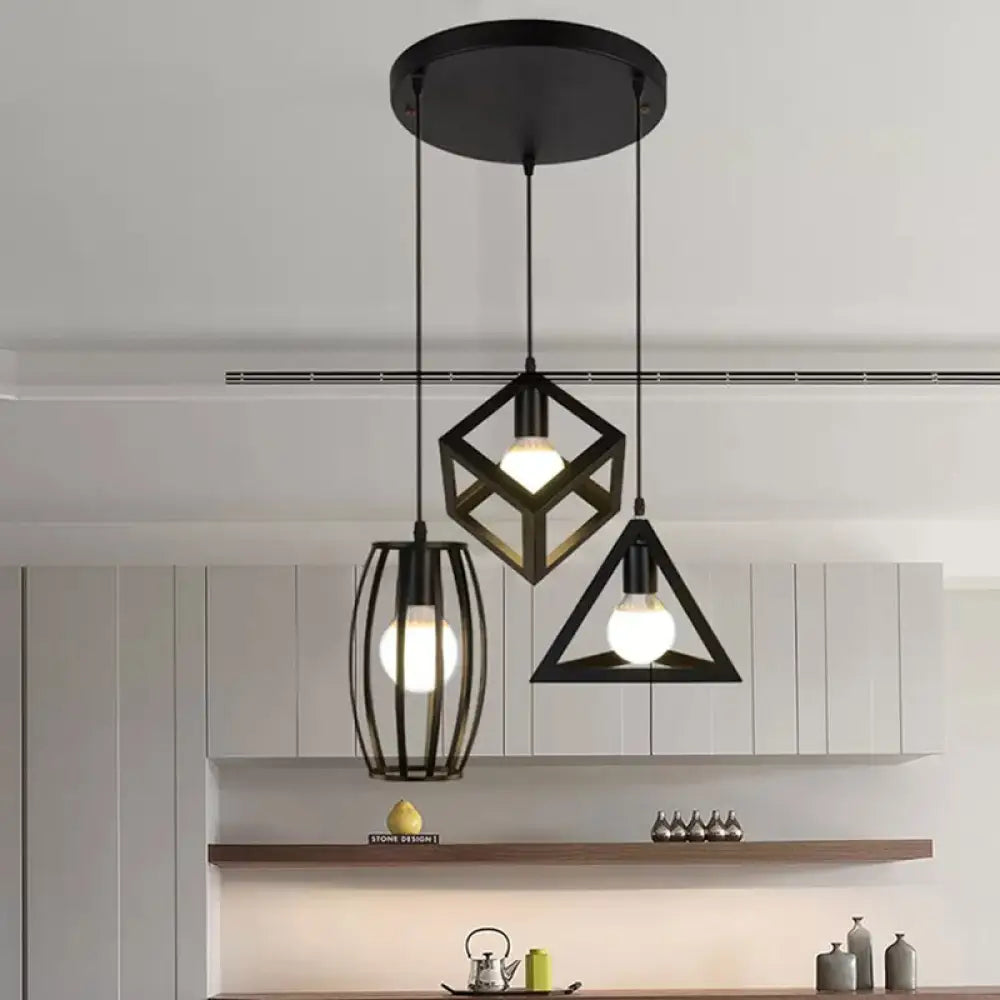 3-Head Pendant Lighting In Black Metal With Retro Stylish Cage Shades For Kitchen Round/Linear
