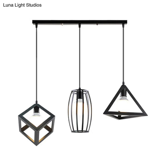 3-Light Pendant Lighting With Retro Metal Cage Shades - Stylish Kitchen Hanging Lamp In Black