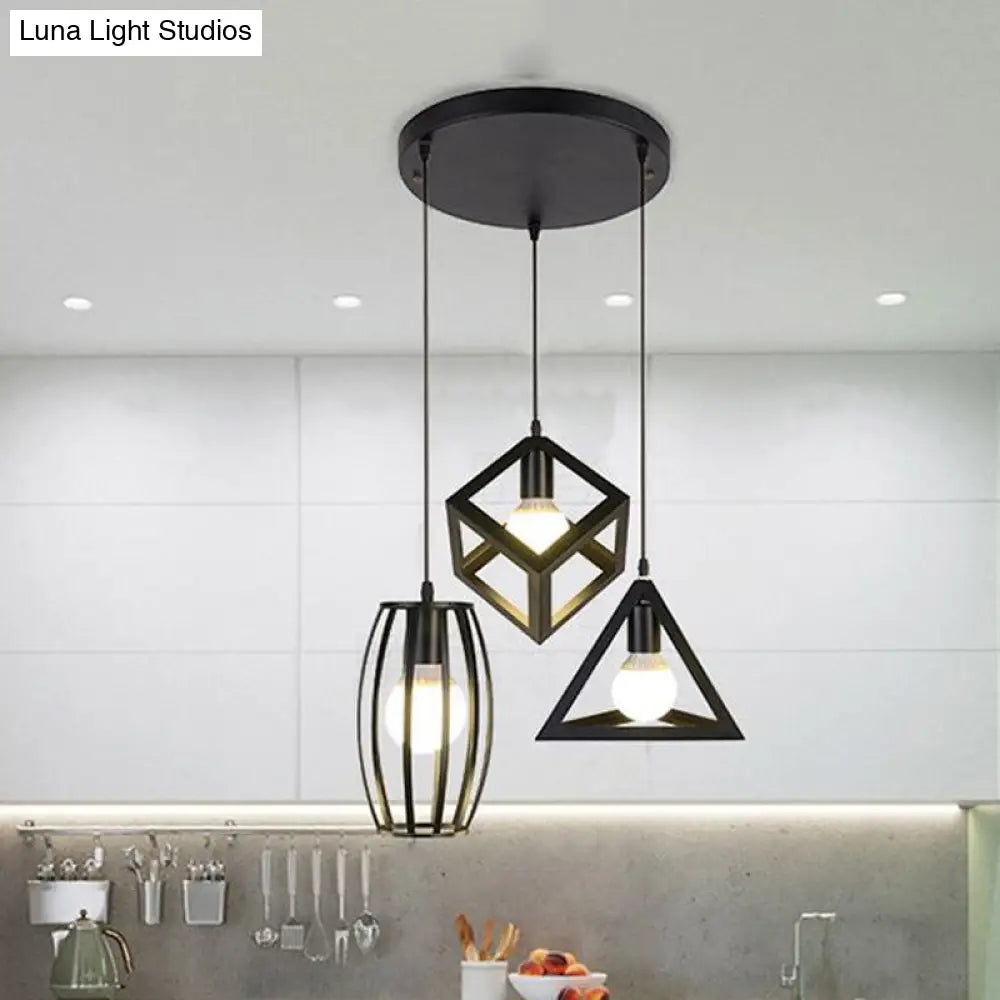 3-Light Pendant Lighting With Retro Metal Cage Shades - Stylish Kitchen Hanging Lamp In Black