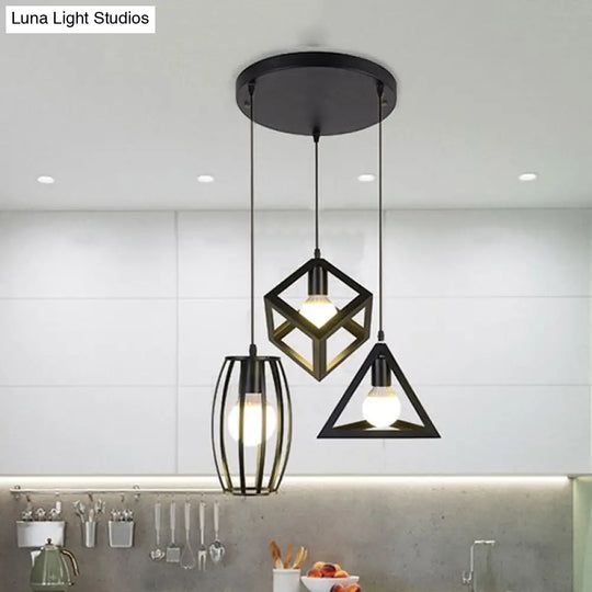 3-Head Pendant Lighting In Black Metal With Retro Stylish Cage Shades For Kitchen Round/Linear