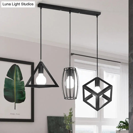 3-Light Pendant Lighting With Retro Metal Cage Shades - Stylish Kitchen Hanging Lamp In Black /