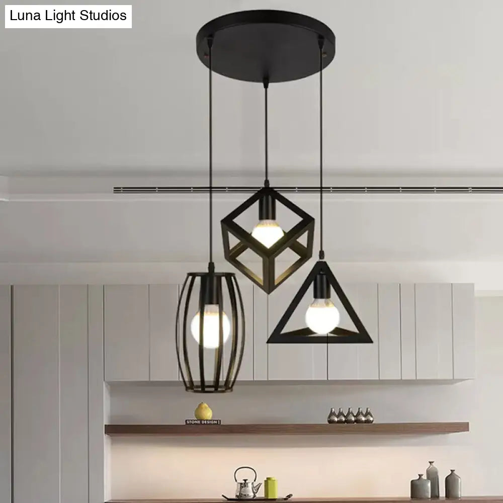 3-Light Pendant Lighting With Retro Metal Cage Shades - Stylish Kitchen Hanging Lamp In Black /