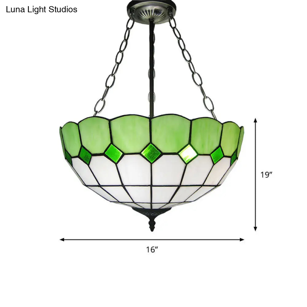 Inverted Dome Tiffany Chandelier Light Fixture - Stained Art Glass Ceiling Lighting (3 Heads)