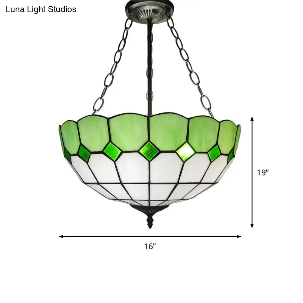 3-Head Tiffany Art Glass Inverted Dome Ceiling Chandelier