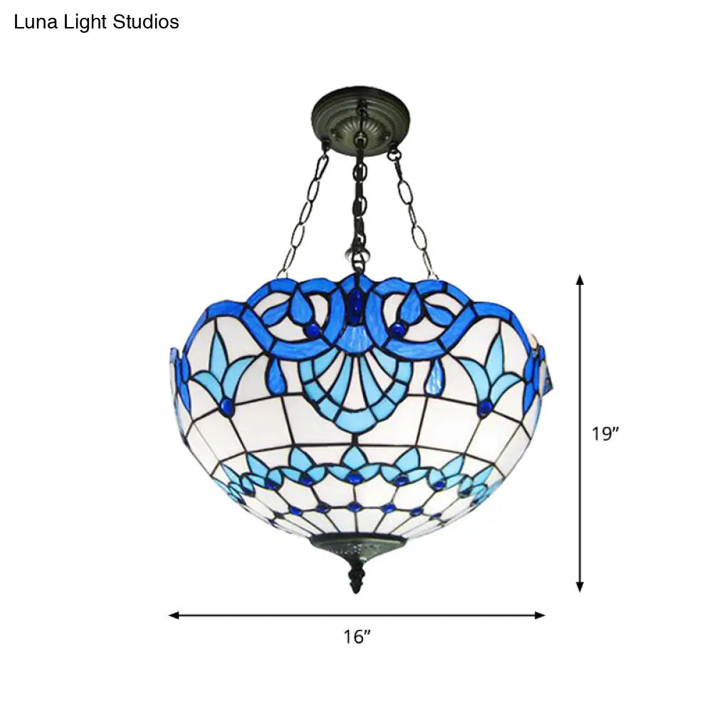 Inverted Dome Tiffany Chandelier Light Fixture - Stained Art Glass Ceiling Lighting (3 Heads)