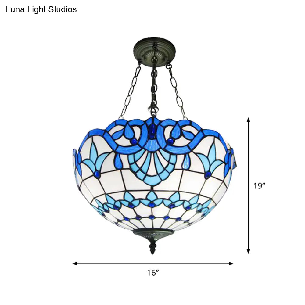 3-Head Tiffany Art Glass Inverted Dome Ceiling Chandelier