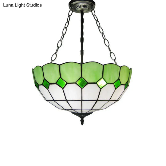 Inverted Dome Tiffany Chandelier Light Fixture - Stained Art Glass Ceiling Lighting (3 Heads) Green