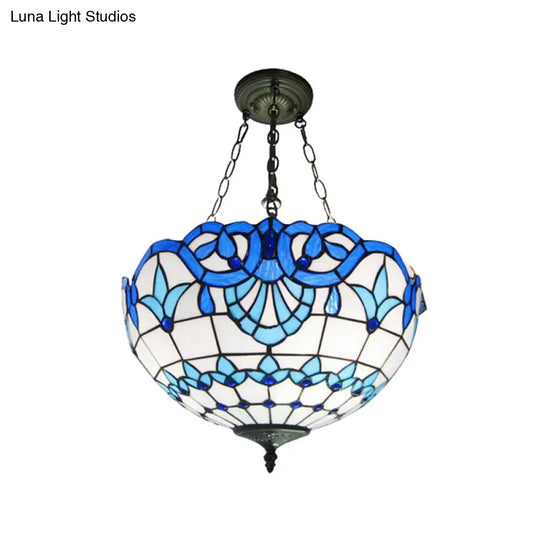 Inverted Dome Tiffany Chandelier Light Fixture - Stained Art Glass Ceiling Lighting (3 Heads) Blue