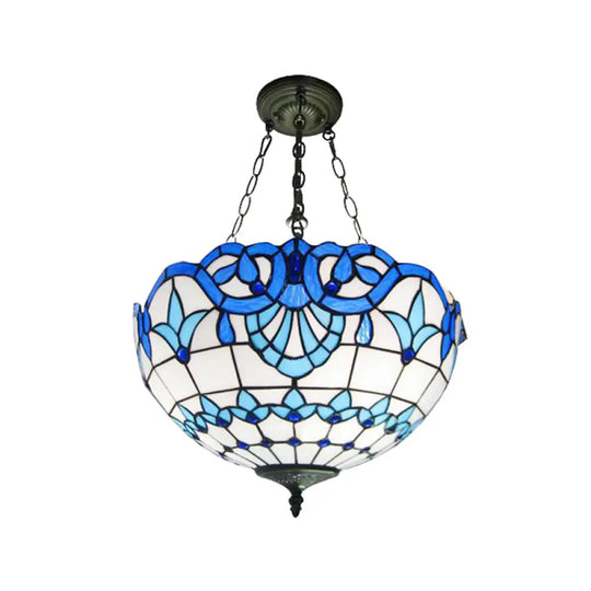 3-Head Tiffany Art Glass Inverted Dome Ceiling Chandelier Blue