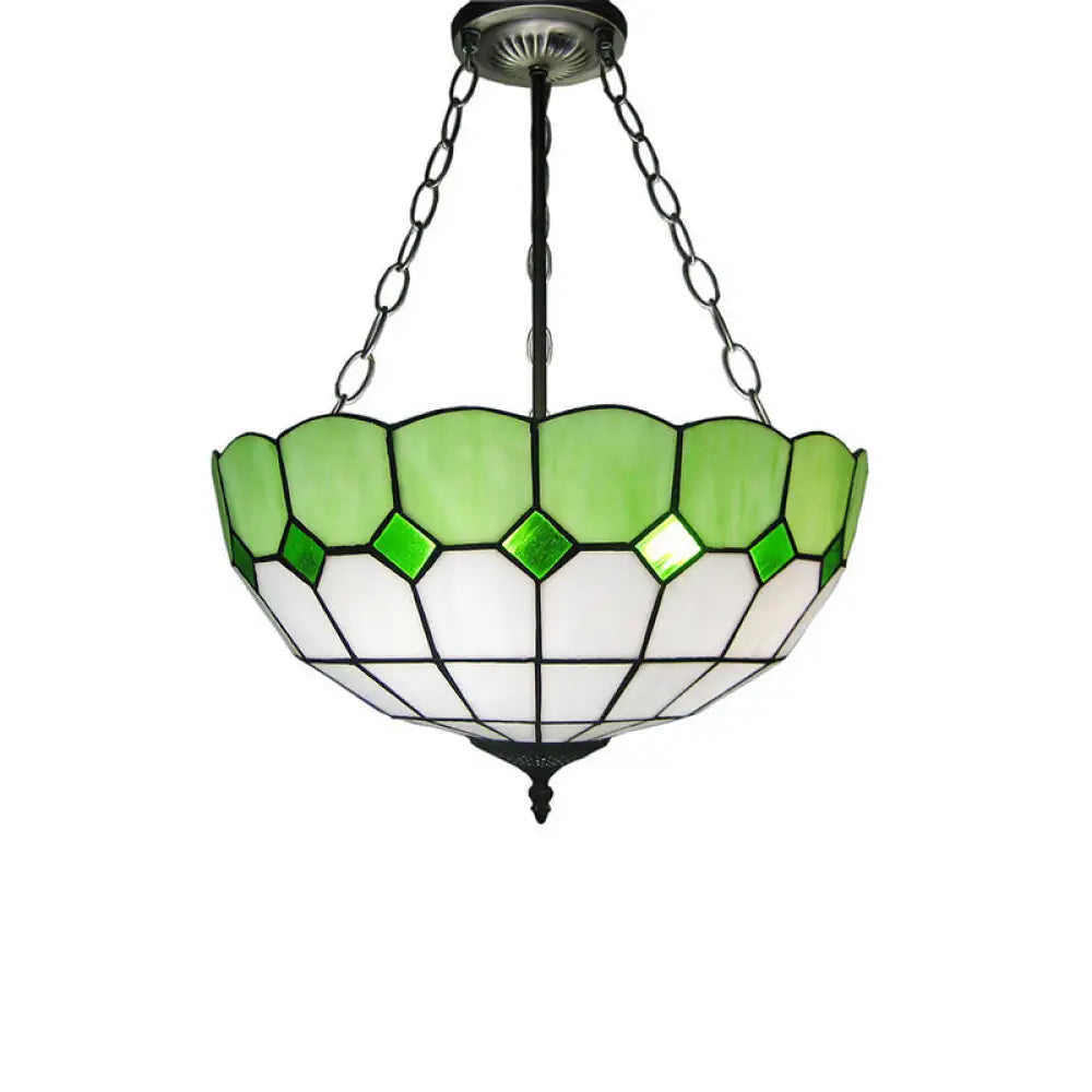 3-Head Tiffany Art Glass Inverted Dome Ceiling Chandelier Green