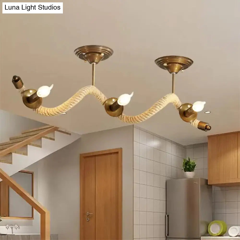 3-Head Wavy Rope Semi-Mount Ceiling Light Fixture - Vintage Brass Finish With Metallic Shine