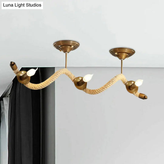 3 - Head Wavy Rope Semi - Mount Ceiling Light Fixture - Vintage Brass Finish With Metallic Shine