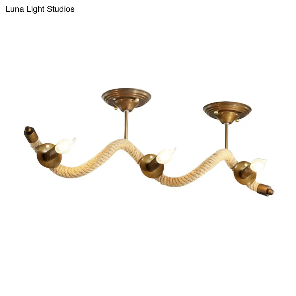 3 - Head Wavy Rope Semi - Mount Ceiling Light Fixture - Vintage Brass Finish With Metallic Shine