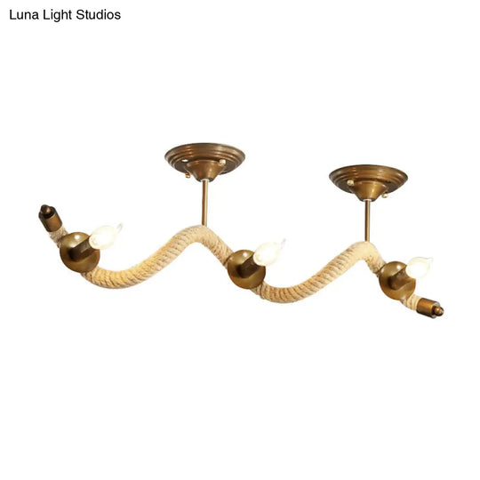 3-Head Wavy Rope Semi-Mount Ceiling Light Fixture - Vintage Brass Finish With Metallic Shine