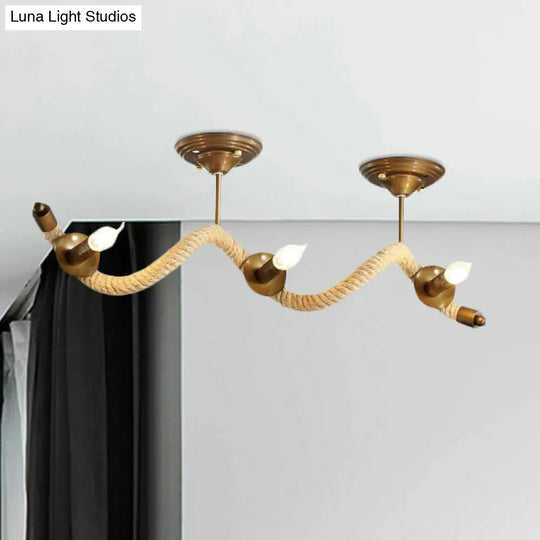 3-Head Wavy Rope Semi-Mount Ceiling Light Fixture - Vintage Brass Finish With Metallic Shine