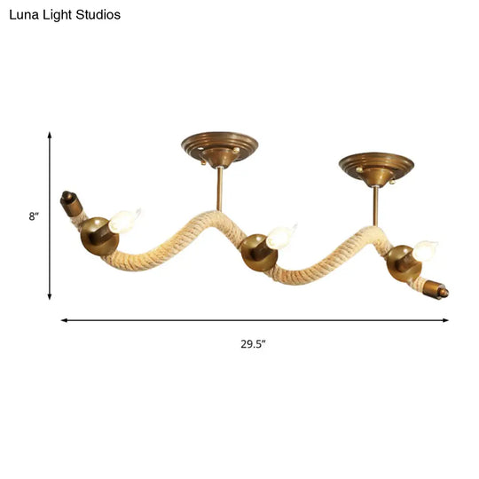 3-Head Wavy Rope Semi-Mount Ceiling Light Fixture - Vintage Brass Finish With Metallic Shine