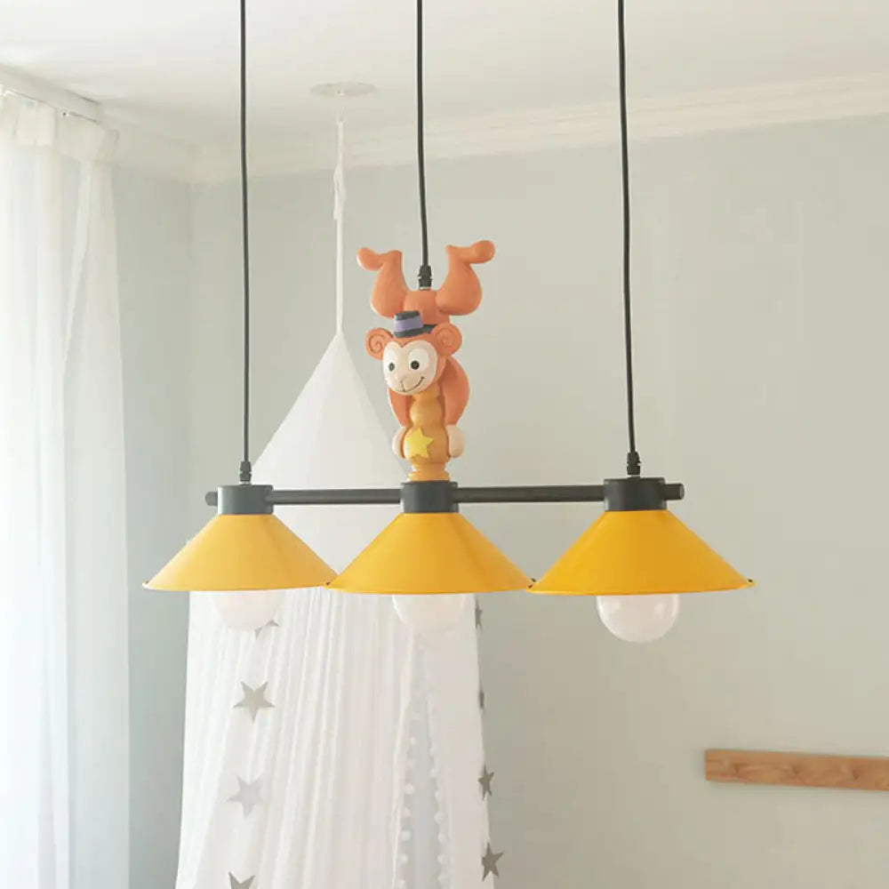 3-Head Yellow Cone Pendant Lamp With Monkey Décor For Island Lighting