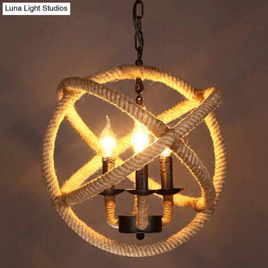 3-Headed Globe Chandelier With Hemp Rope And Beige Pendant Lighting