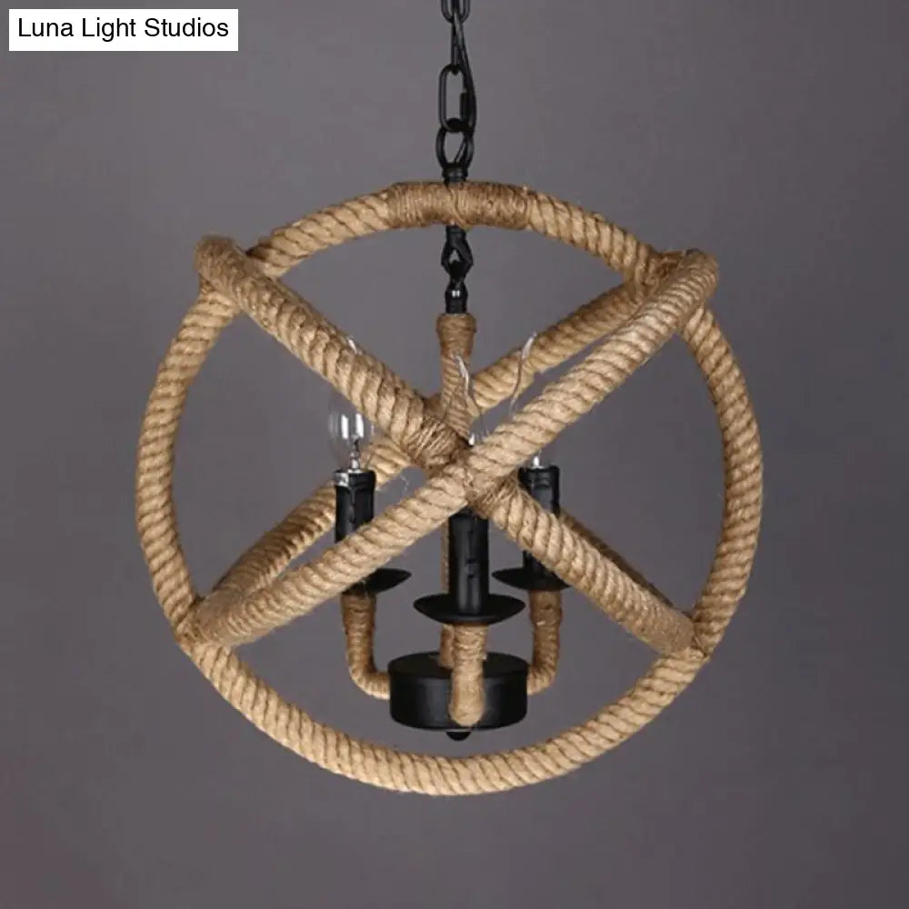 Beige Factory Globe Chandelier Lamp - 3 Heads Pendant Lighting Fixture With Hemp Rope