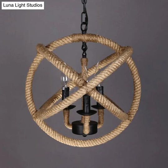 3-Headed Globe Chandelier With Hemp Rope And Beige Pendant Lighting