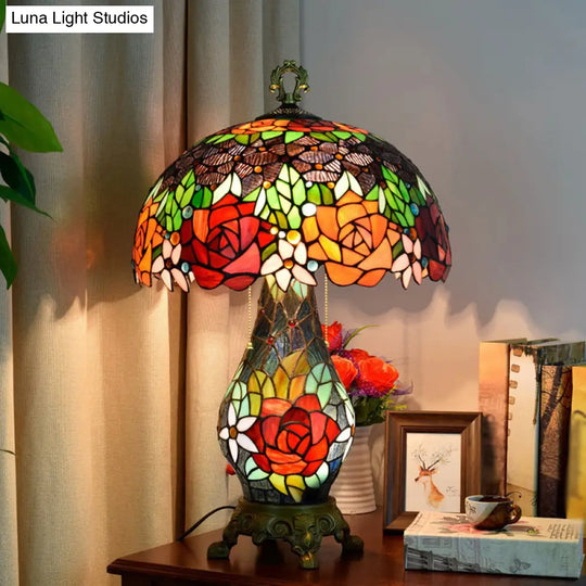 3-Headed Green Tiffany Stained Art Glass Rose Pattern Table Lamp With Mushroom Shade - Nightstand