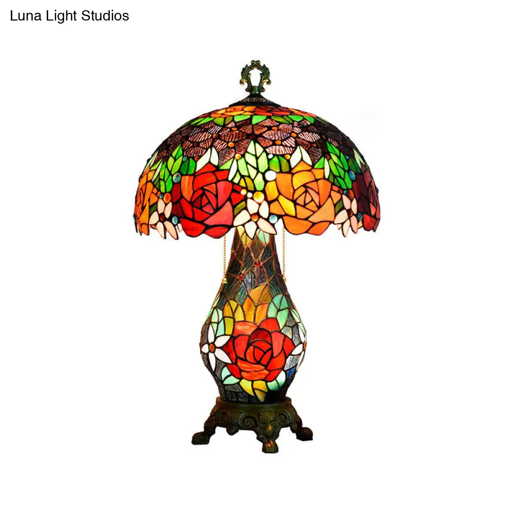 3-Headed Green Tiffany Stained Art Glass Rose Pattern Table Lamp With Mushroom Shade - Nightstand