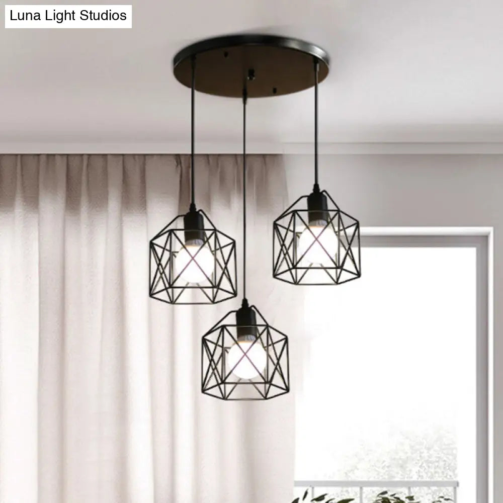 Industrial Style Metal Birdcage Pendant Lights For Restaurants - Set Of 3 Black / Round