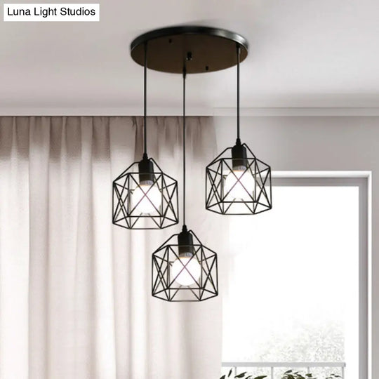 Industrial Style Metal Birdcage Pendant Lights For Restaurants - Set Of 3 Black / Round