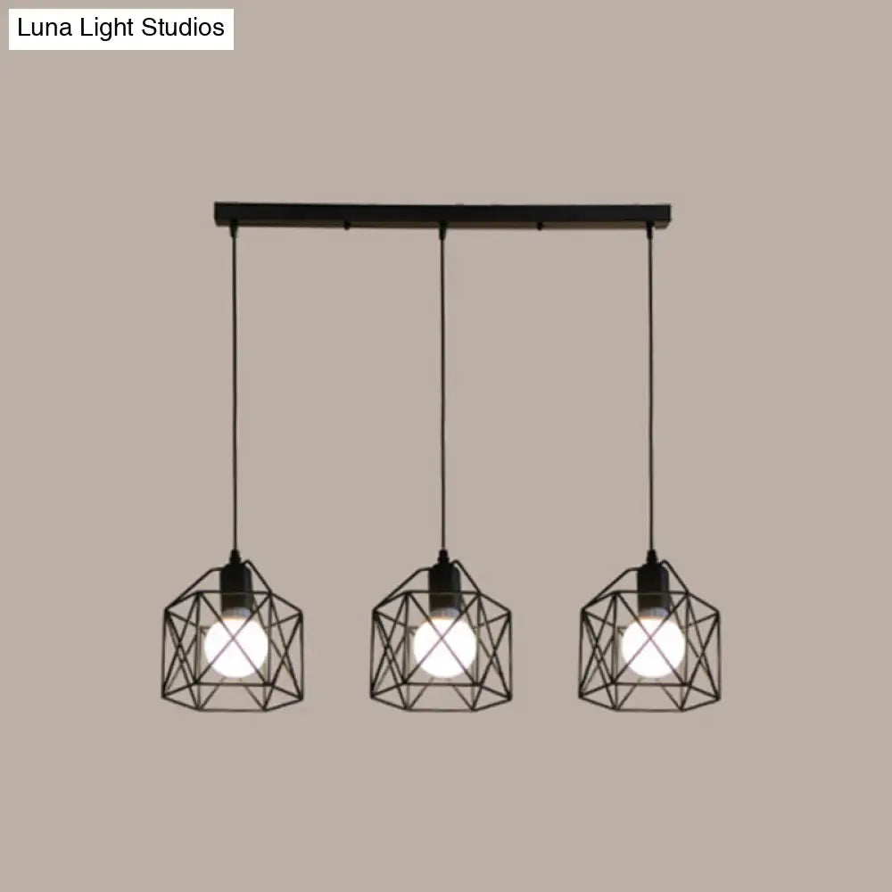 Industrial Style Metal Birdcage Pendant Lights For Restaurants - Set Of 3 Black / Linear