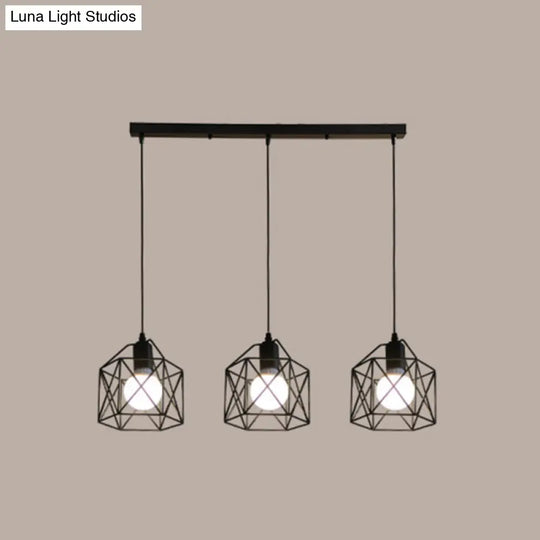 Industrial Style Metal Birdcage Pendant Lights For Restaurants - Set Of 3 Black / Linear