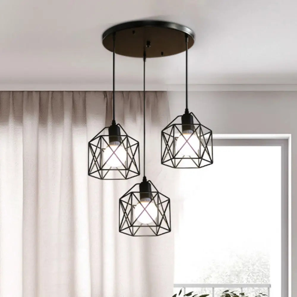 3-Light Birdcage Multi Pendant Industrial Metal Ceiling Lights For Restaurants Black / Round