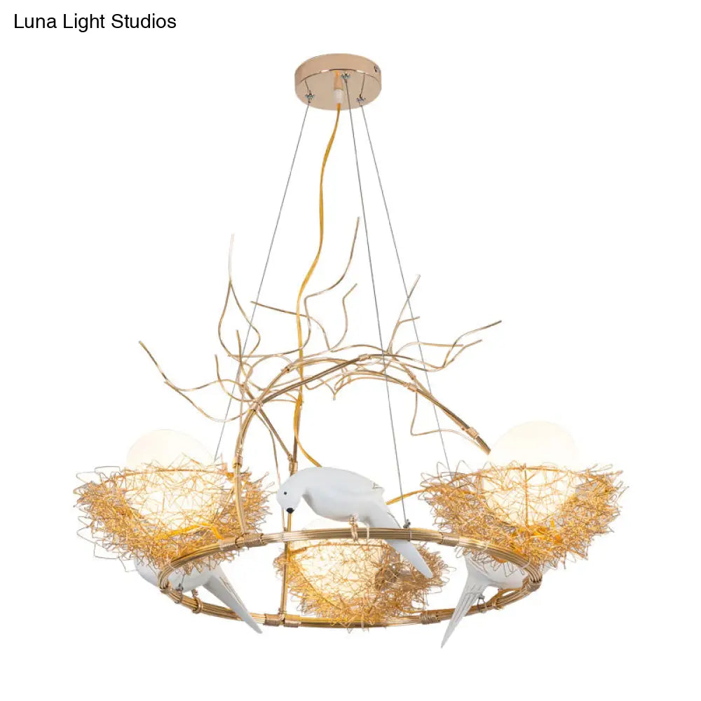 3-Light Circle Nest Chandelier With Bird & Egg In Gold - Elegant Metal Pendant Light For Cafe