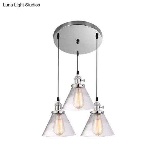 Clear Glass Cone Pendant Light With 3 Heads For Down Lighting In Dining Room Or Warehouse Chrome /