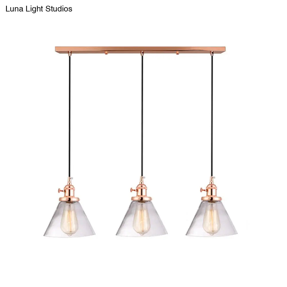 Clear Glass Cone Pendant Light With 3 Heads For Down Lighting In Dining Room Or Warehouse Rose Gold