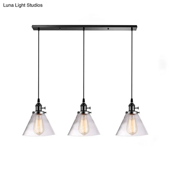 Clear Glass Cone Pendant Light With 3 Heads For Down Lighting In Dining Room Or Warehouse Black /