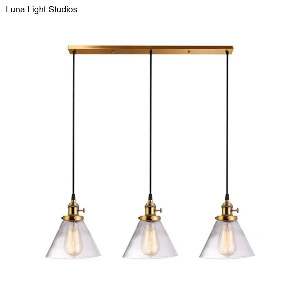 Clear Glass Cone Pendant Light With 3 Heads For Down Lighting In Dining Room Or Warehouse Brass /