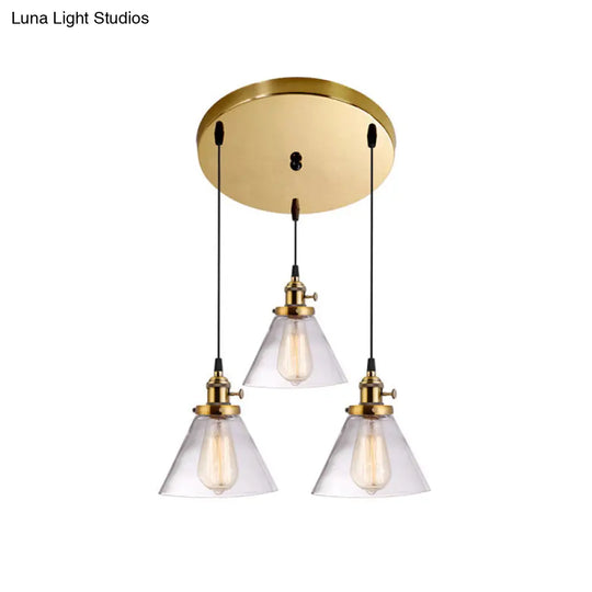 Clear Glass Cone Pendant Light With 3 Heads For Down Lighting In Dining Room Or Warehouse Brass /