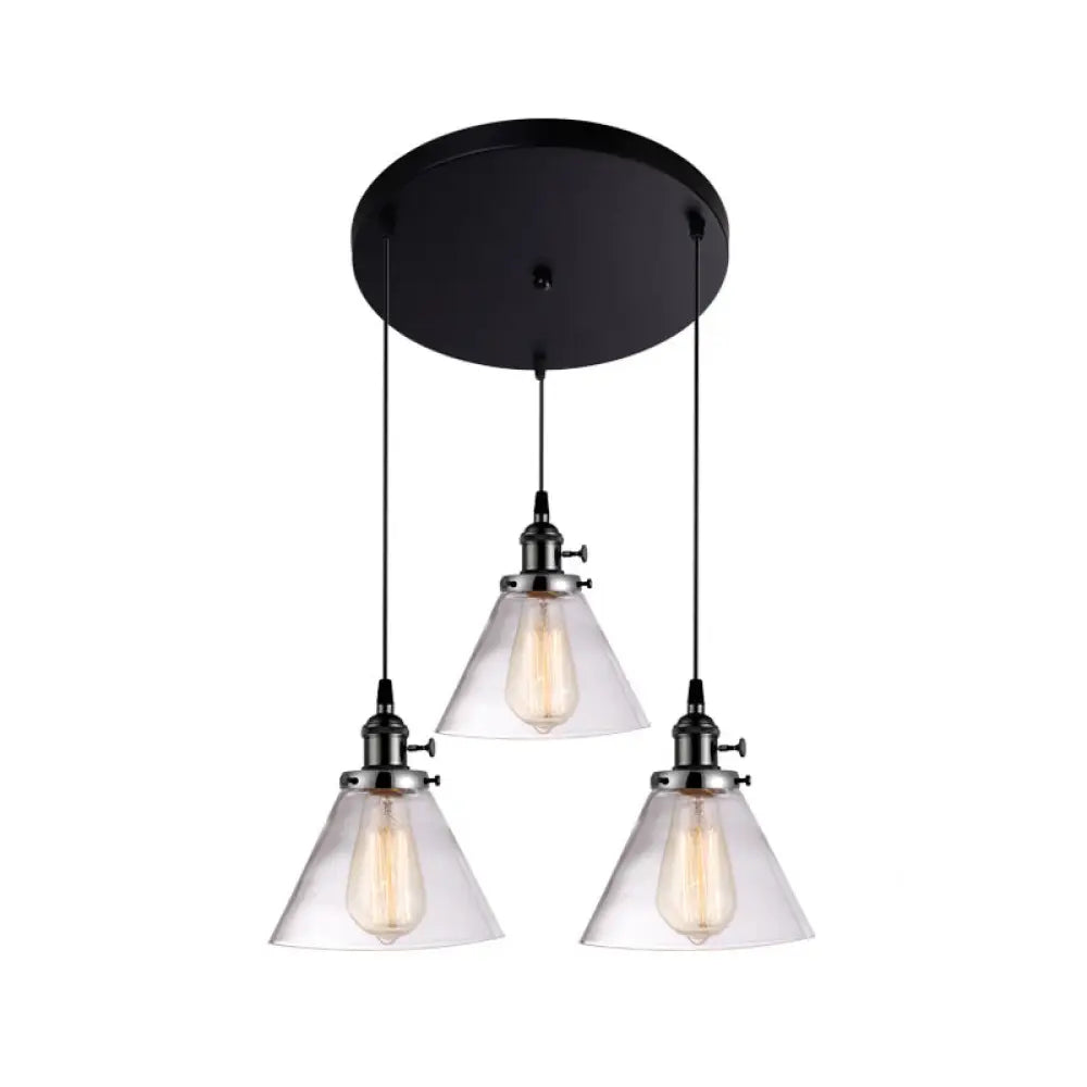 3-Light Cluster Pendant: Clear Glass Cone Down Lighting For Dining Room Black / Round