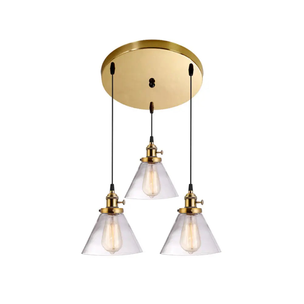 3-Light Cluster Pendant: Clear Glass Cone Down Lighting For Dining Room Brass / Round