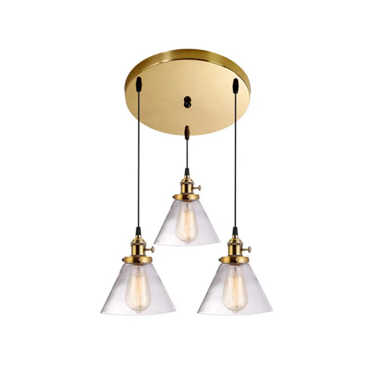 3-Light Cluster Pendant: Clear Glass Cone Down Lighting For Dining Room Brass / Round