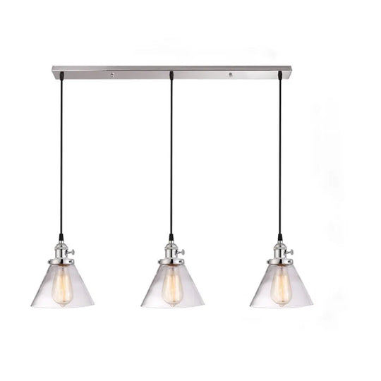 3-Light Cluster Pendant: Clear Glass Cone Down Lighting For Dining Room Chrome / Linear