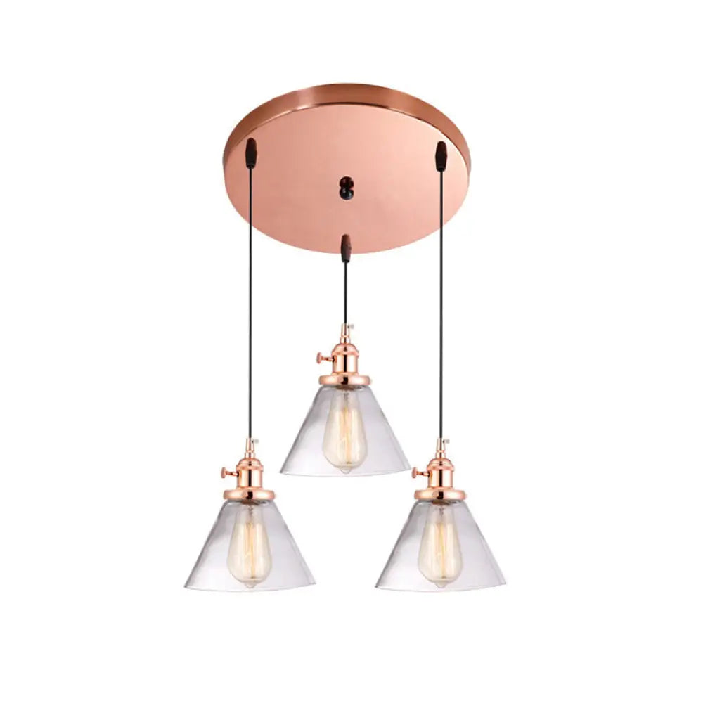 3-Light Cluster Pendant: Clear Glass Cone Down Lighting For Dining Room Rose Gold / Round