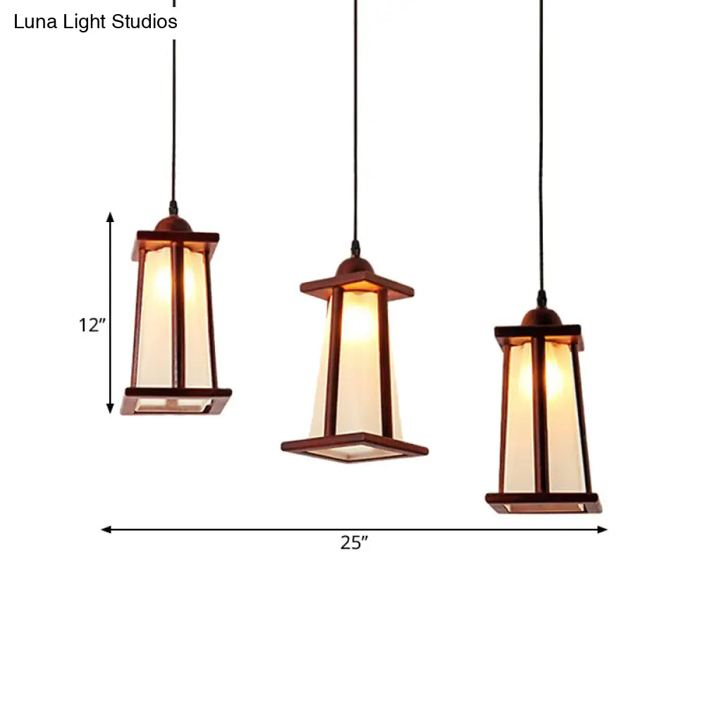 Coastal Wood Pendant Light With Frosted Glass Shades - 3-Light Cluster Trapezoid Design