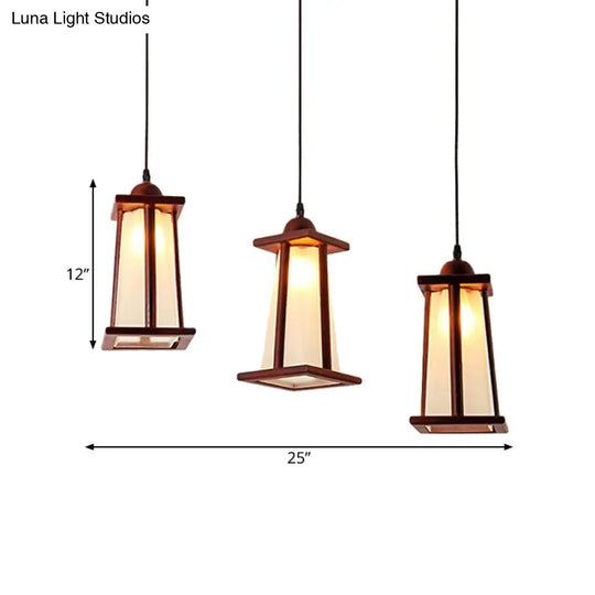 Coastal Wood Pendant Light With Frosted Glass Shades - 3-Light Cluster Trapezoid Design