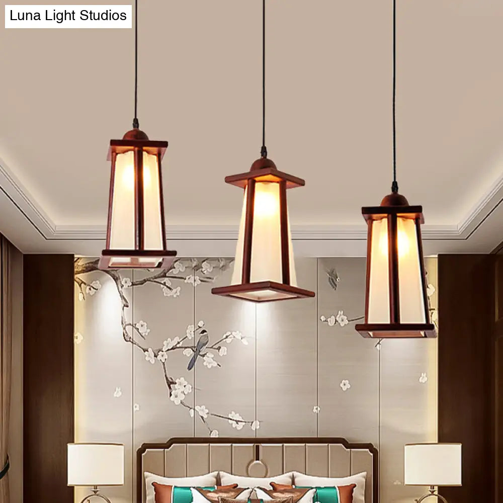 3-Light Coastal Wood Cluster Pendant With Frosted Glass Trapezoid Shade - Stylish Hanging Ceiling