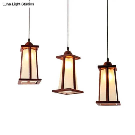 Coastal Wood Pendant Light With Frosted Glass Shades - 3-Light Cluster Trapezoid Design